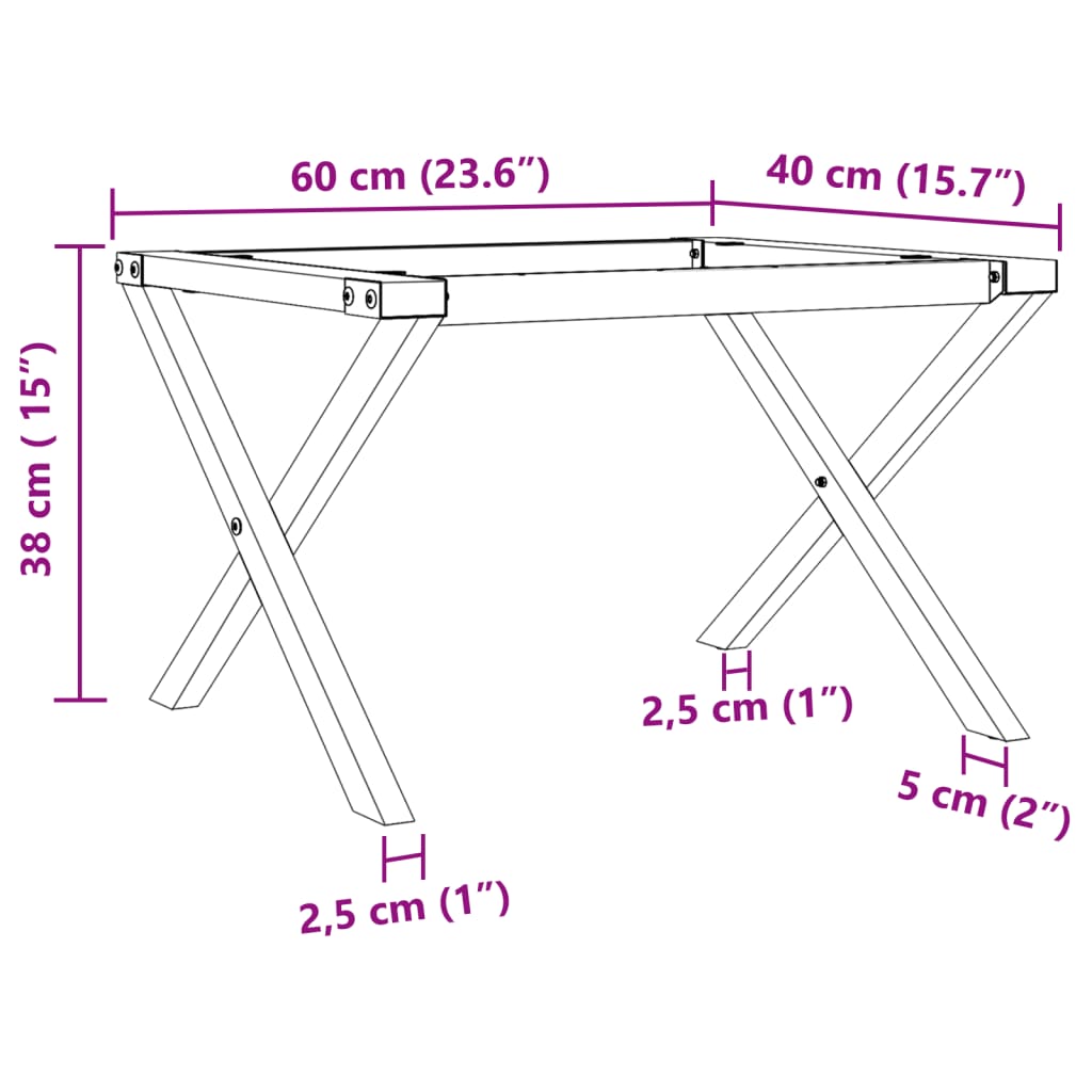 kafijas galdiņa kājas, 60x40x38 cm, X-forma rāmis, čuguns