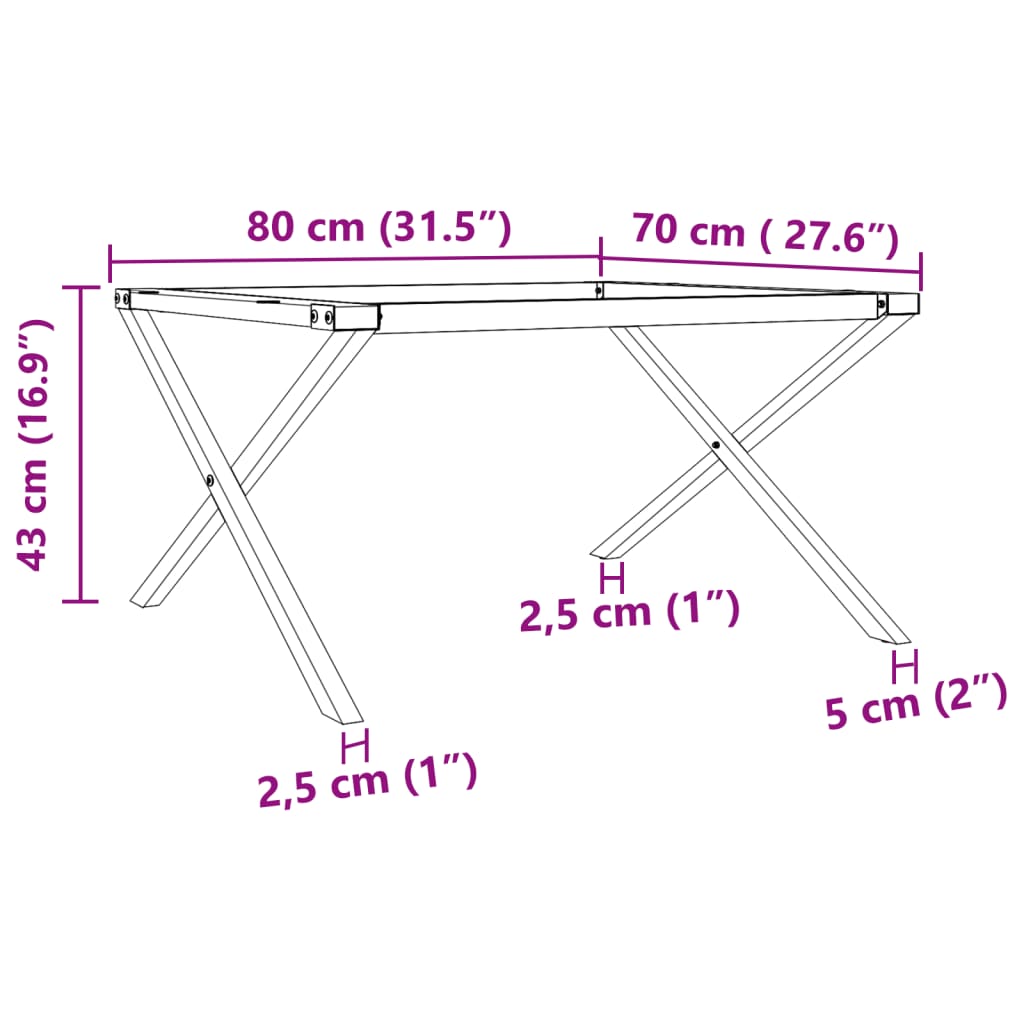 kafijas galdiņa kājas, 80x70x43 cm, X-forma rāmis, čuguns
