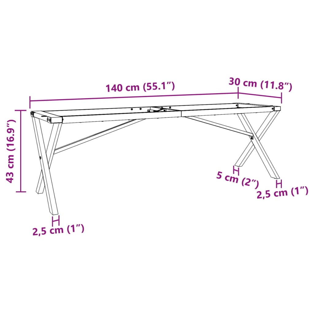 kafijas galdiņa kājas, 140x30x43 cm, X-forma rāmis, čuguns