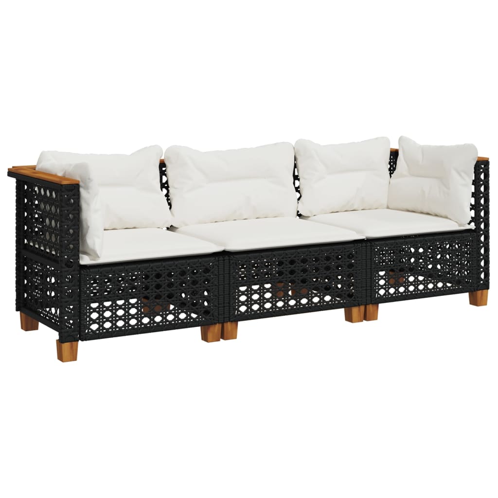trīsvietīgs dārza dīvāns ar matračiem, melna PE rotangpalma