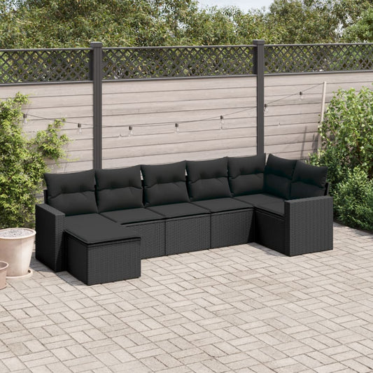 7-daļīgs dārza dīvāna komplekts ar matračiem, melna PE