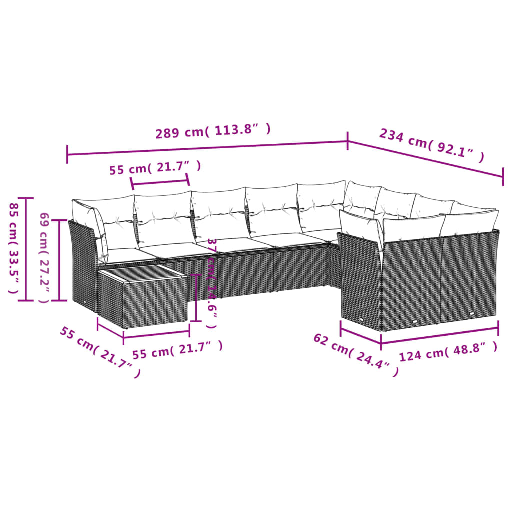 10-daļīgs dārza dīvāna komplekts ar matračiem, pelēks PE pinums