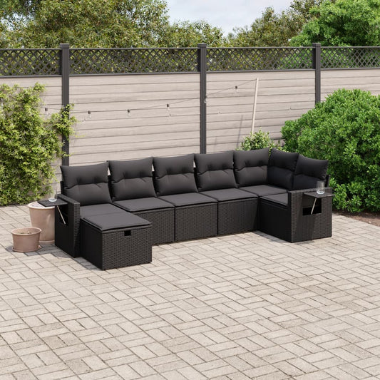 vidaXL 7-daļīgs dārza dīvāna komplekts ar matračiem, melna PE
