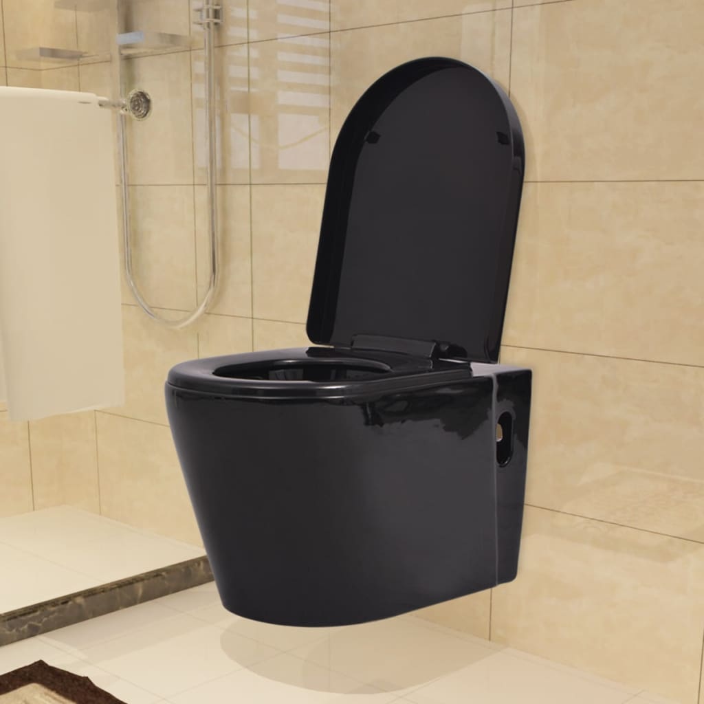 toilet bowl with tank, wall-mounted, black ceramic