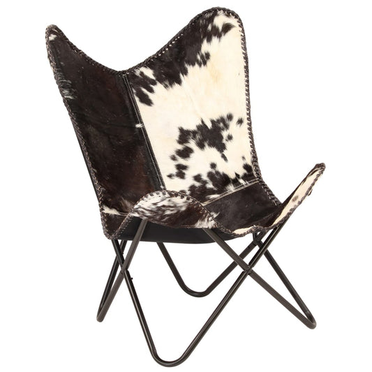 tauriņa formas krēsls, melns ar baltu, īsta kazas āda