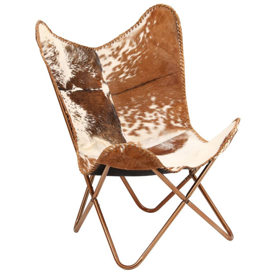 tauriņa formas krēsls, brūns ar baltu, īsta kazas āda