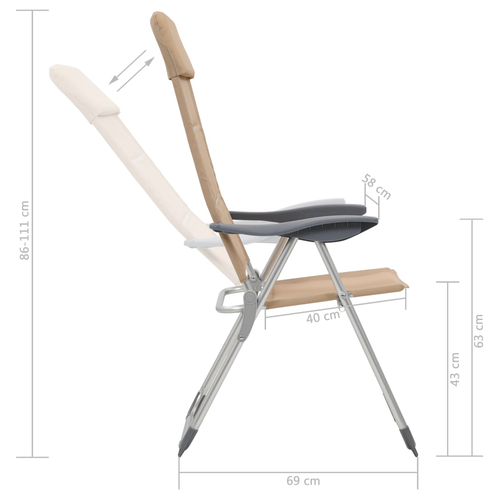 camping chairs, 2 pcs., 58x69x111 cm, aluminum, gray