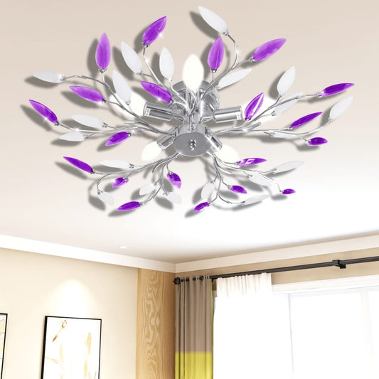 Ceiling lamp with acrylic crystal leaves 5 E14 bulbs, purple, white