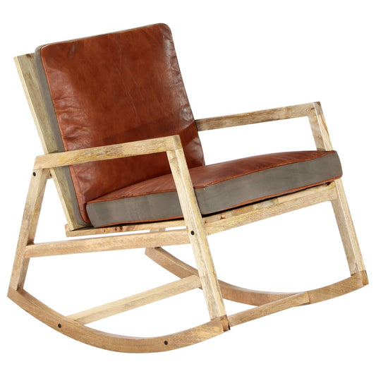 rocking chair, brown natural leather and solid mango wood