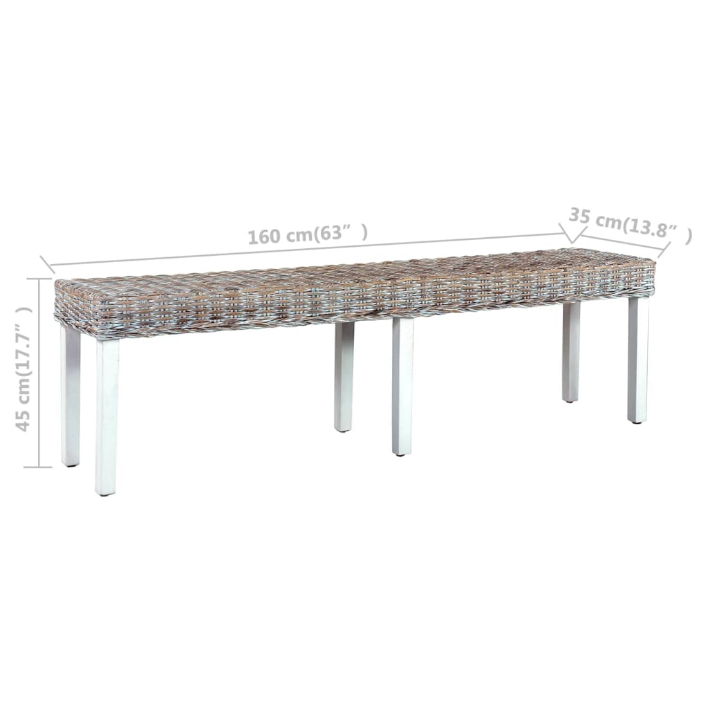 bench, 160 cm, white, natural cube rattan, solid mango wood
