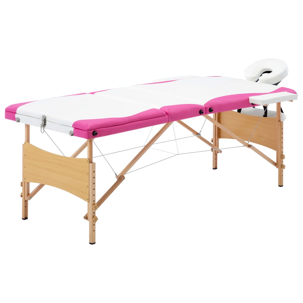 складной массажный стол, 3 части, дерево, белый с розовым