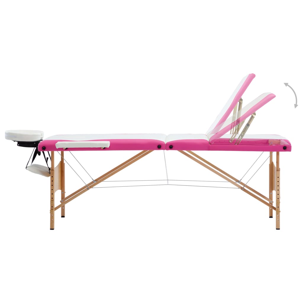 folding massage table, 3 parts, wood, white with pink