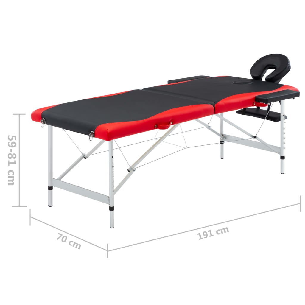 saliekams masāžas galds, 2 daļas, alumīnijs, melns ar sarkanu