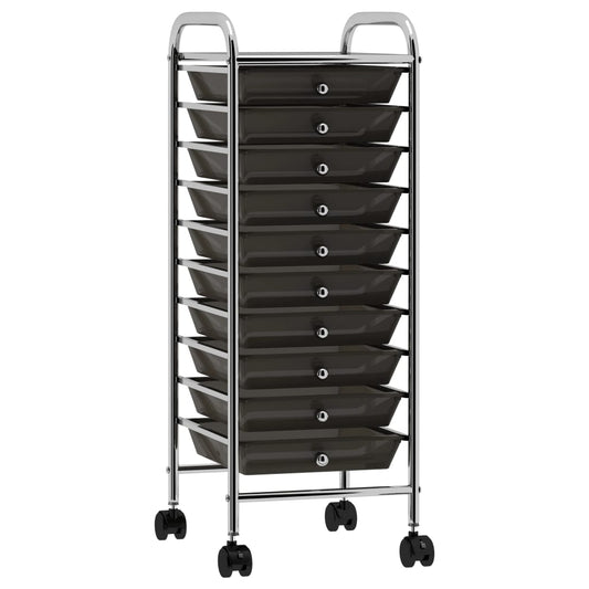 storage trolley, 10 drawers, black plastic