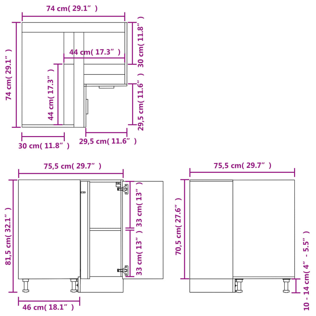 virtuves stūra skapītis, betona pelēks, 75,5x75,5x81,5 cm