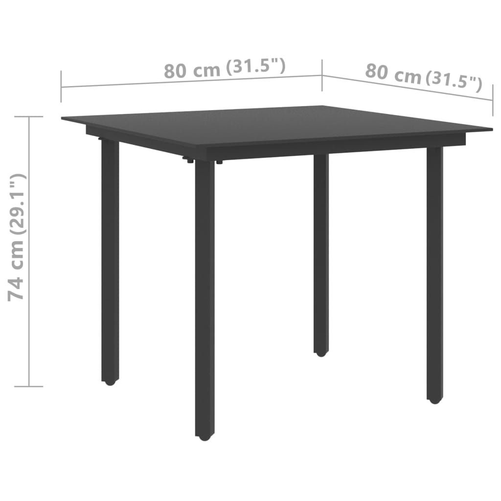 dārza galds, melns, 80x80x74 cm, tērauds un stikls