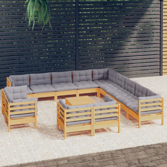14-piece garden furniture set with gray mattresses, pine