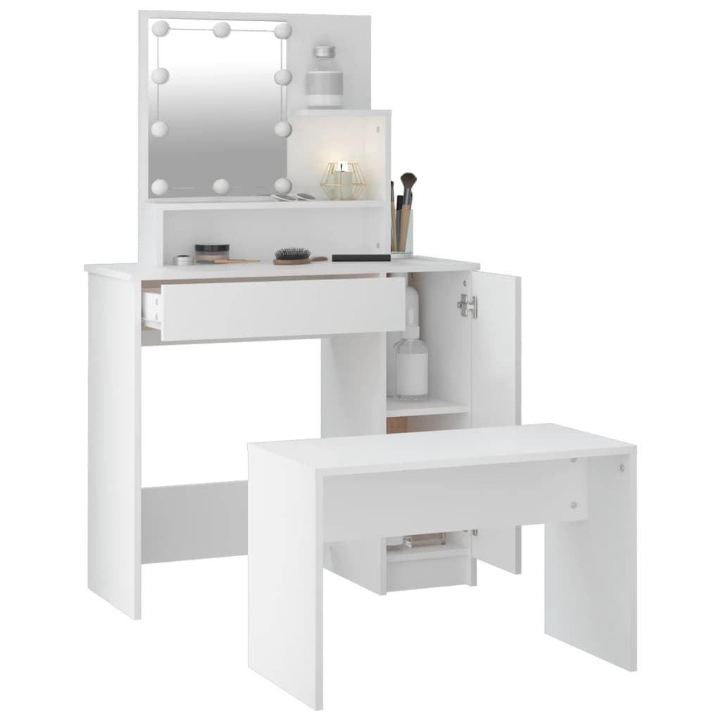 mirror table set, LED, white engineered wood