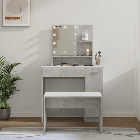 mirror table set, LED, concrete gray engineered wood