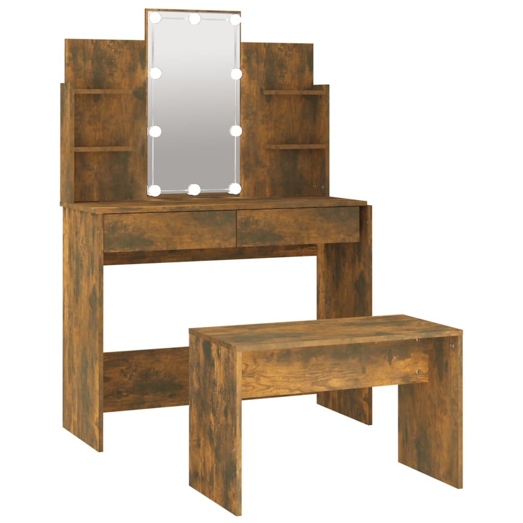 mirror table set, LED, oak colored engineered wood