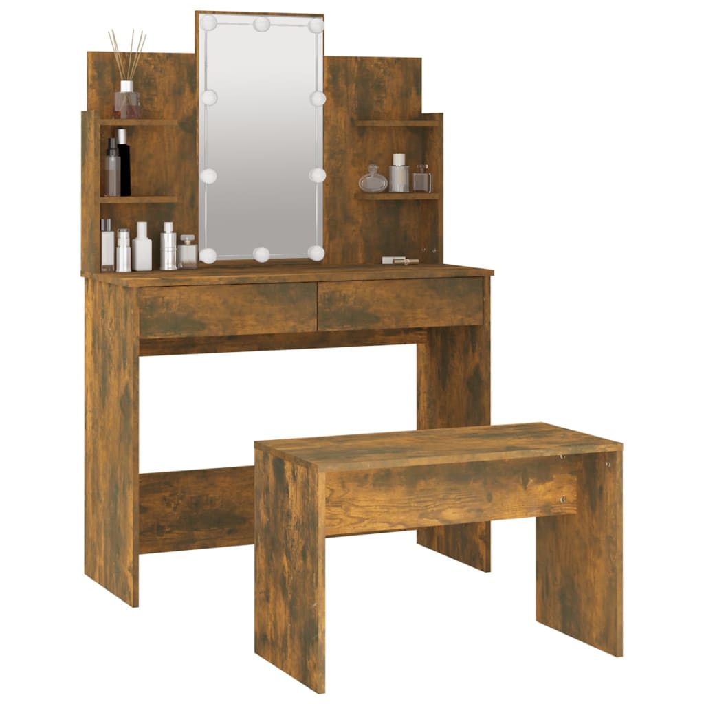 mirror table set, LED, oak colored engineered wood