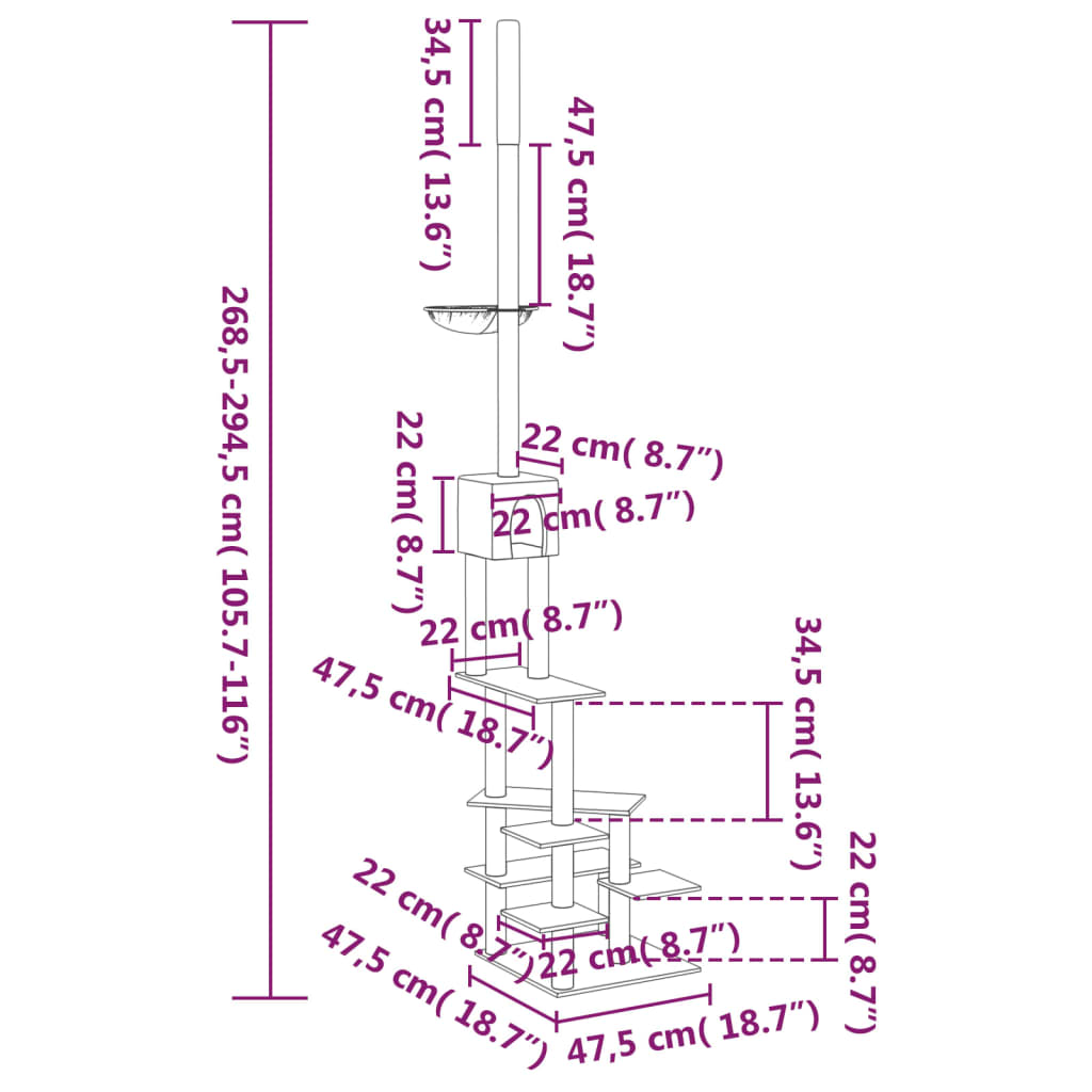 kaķu māja līdz griestiem, krēmkrāsas, 268,5-294,5 cm