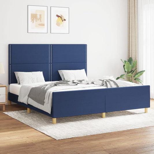 каркас кровати с изголовьем, синий, 160x200 см, ткань
