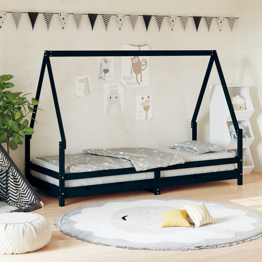 bērnu gultas rāmis, melns, 90x200 cm, priedes masīvkoks