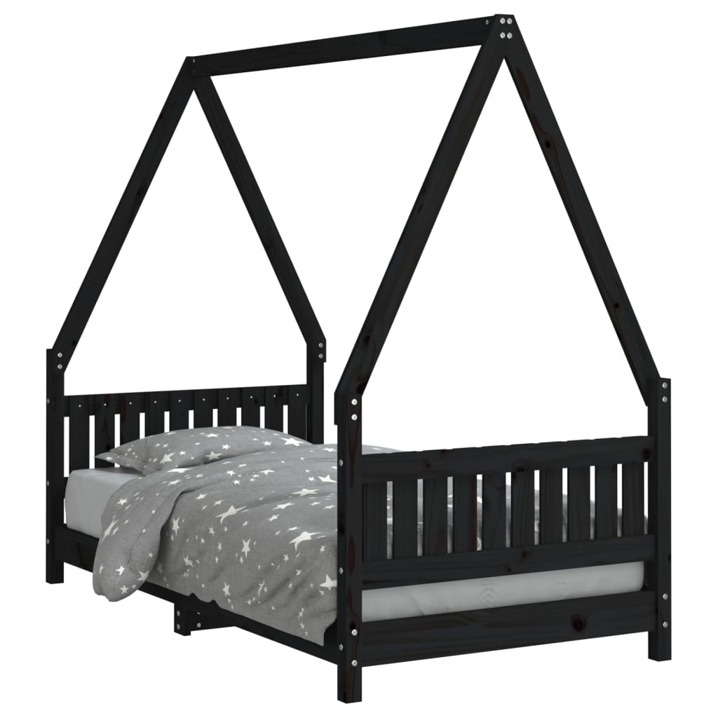 bērnu gultas rāmis, melns, 80x160 cm, priedes masīvkoks