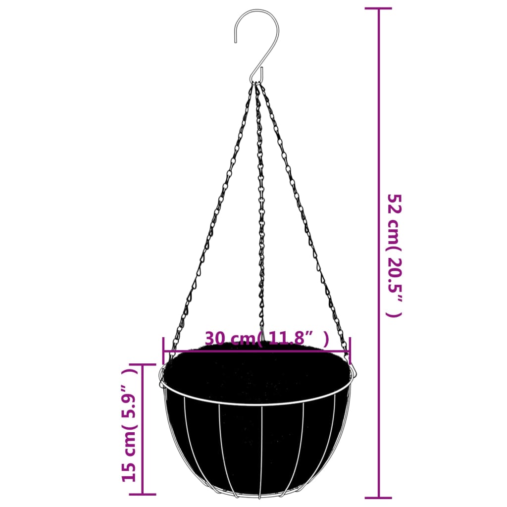 hanging flower pots, 4 pcs., coconut inserts, black, Ø 30x52 cm