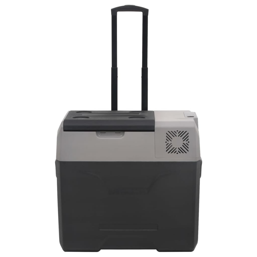 cooler box with handle and wheels, black, gray, 50 liters