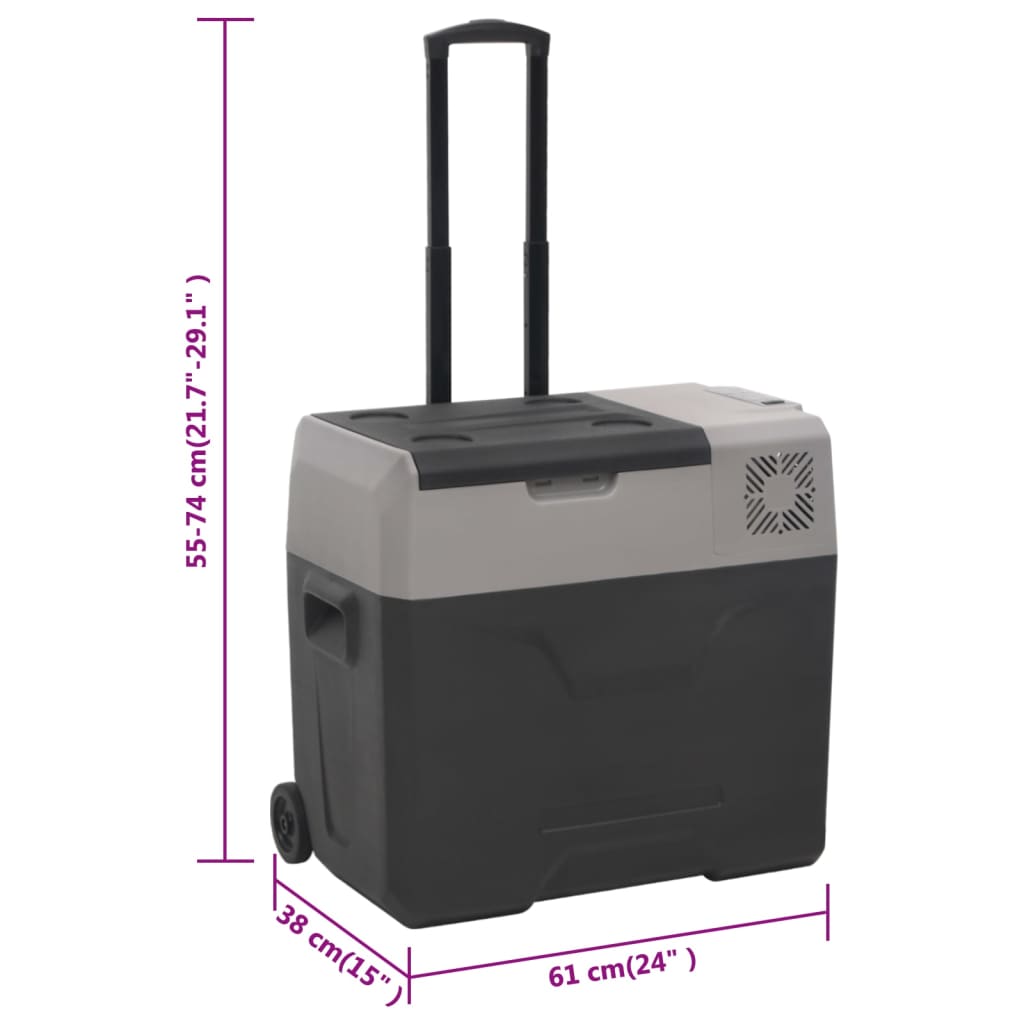 cooler box with handle and wheels, black, gray, 50 liters