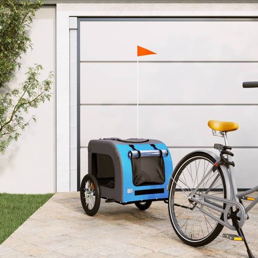 dog bike trailer, blue with gray, oxford fabric and iron