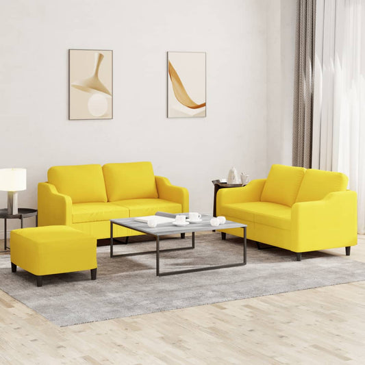 trīsdaļīgs dīvānu komplekts ar spilveniem, dzeltens audums