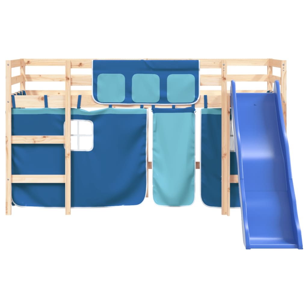 bērnu gulta ar aizkariem, zili, 80x200 cm, priedes masīvkoks