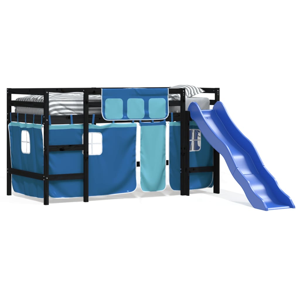 bērnu gulta ar aizkariem, zili, 80x200 cm, priedes masīvkoks