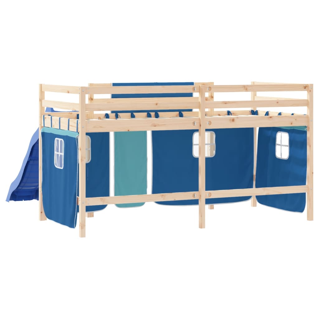bērnu gulta ar aizkariem, zili, 90x200 cm, priedes masīvkoks