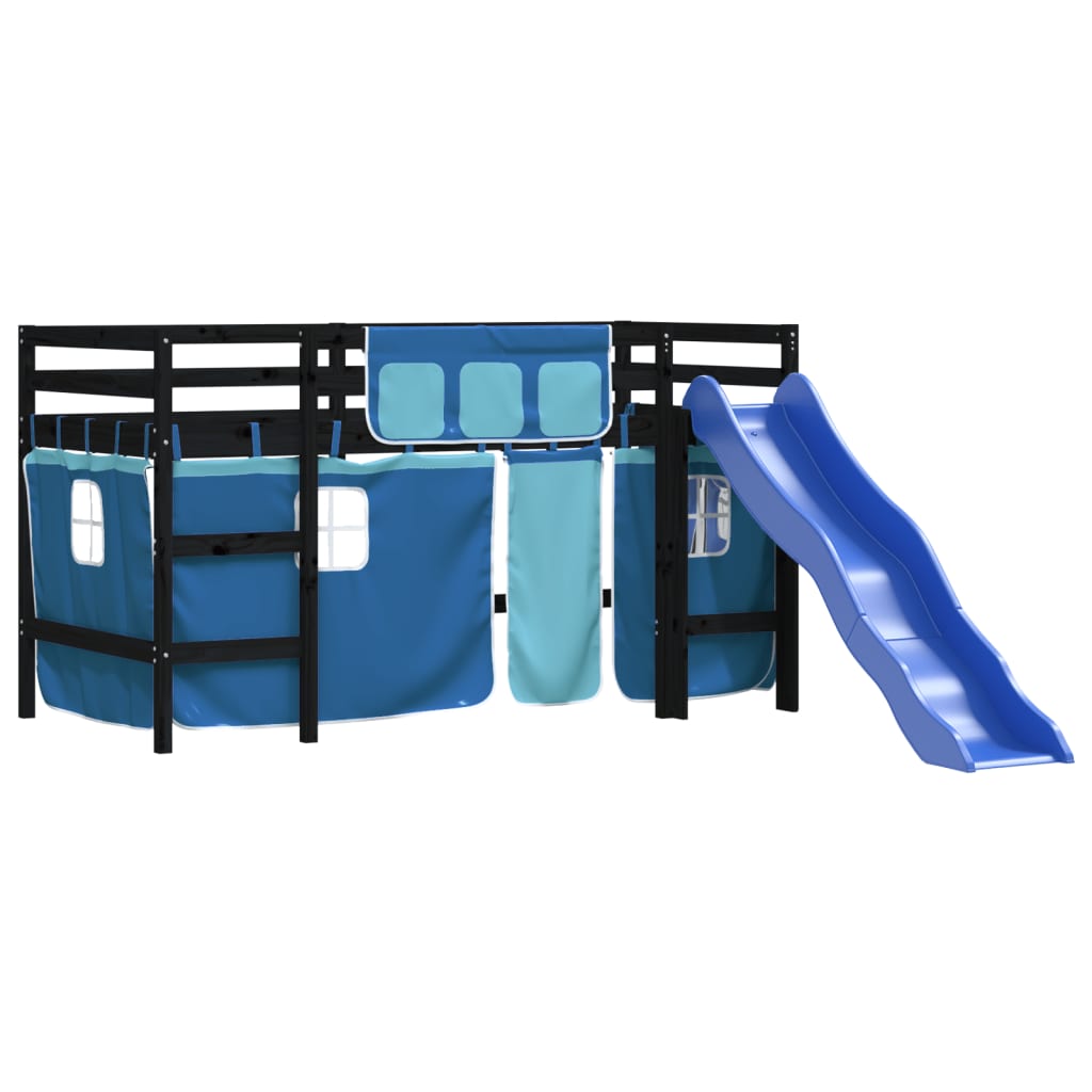 bērnu gulta ar aizkariem, zili, 90x190 cm, priedes masīvkoks