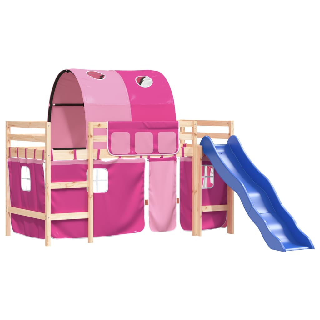 bērnu augstā gulta ar tuneli, rozā, 80x200 cm, priedes koks