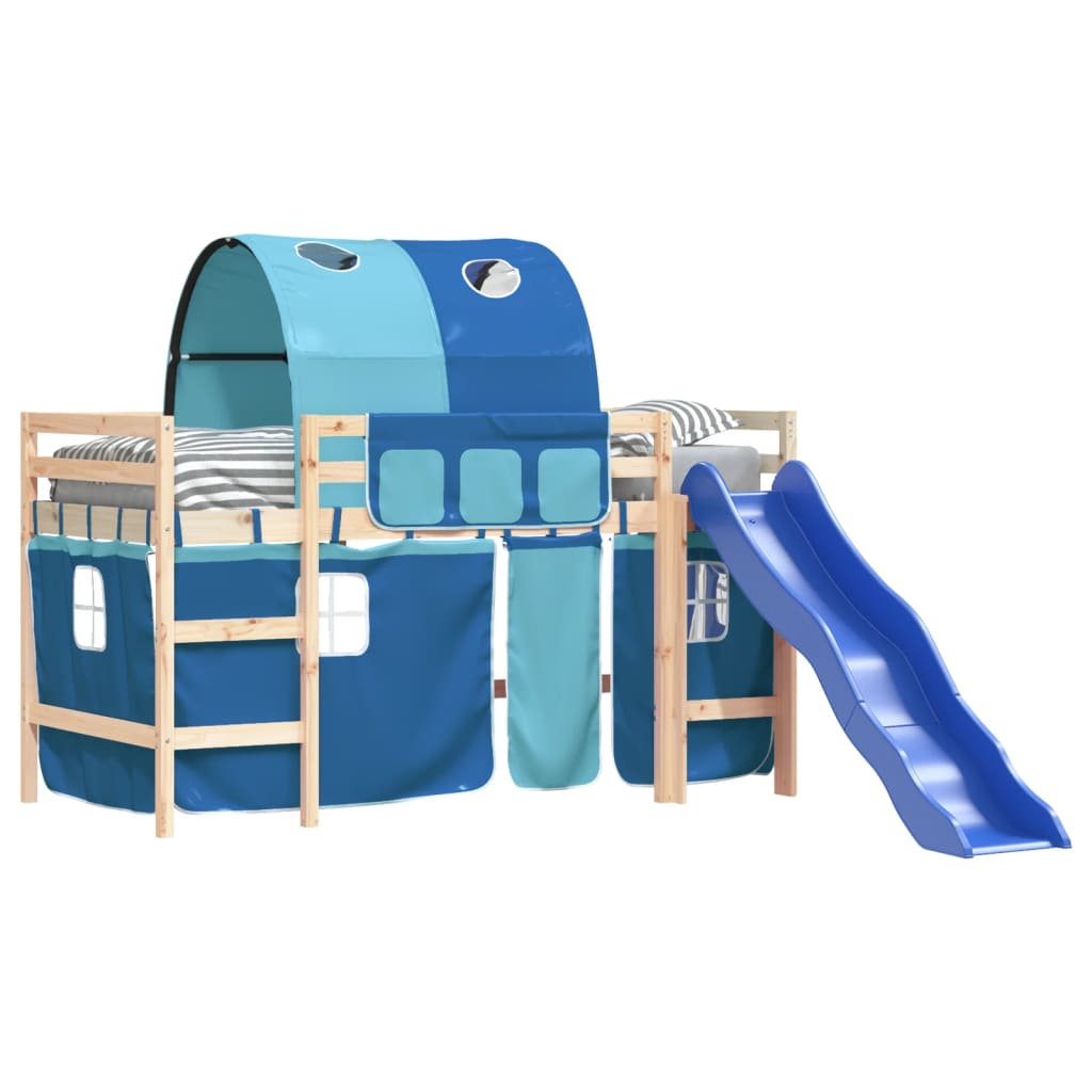 bērnu augstā gulta ar tuneli, zila, 90x200 cm, priede