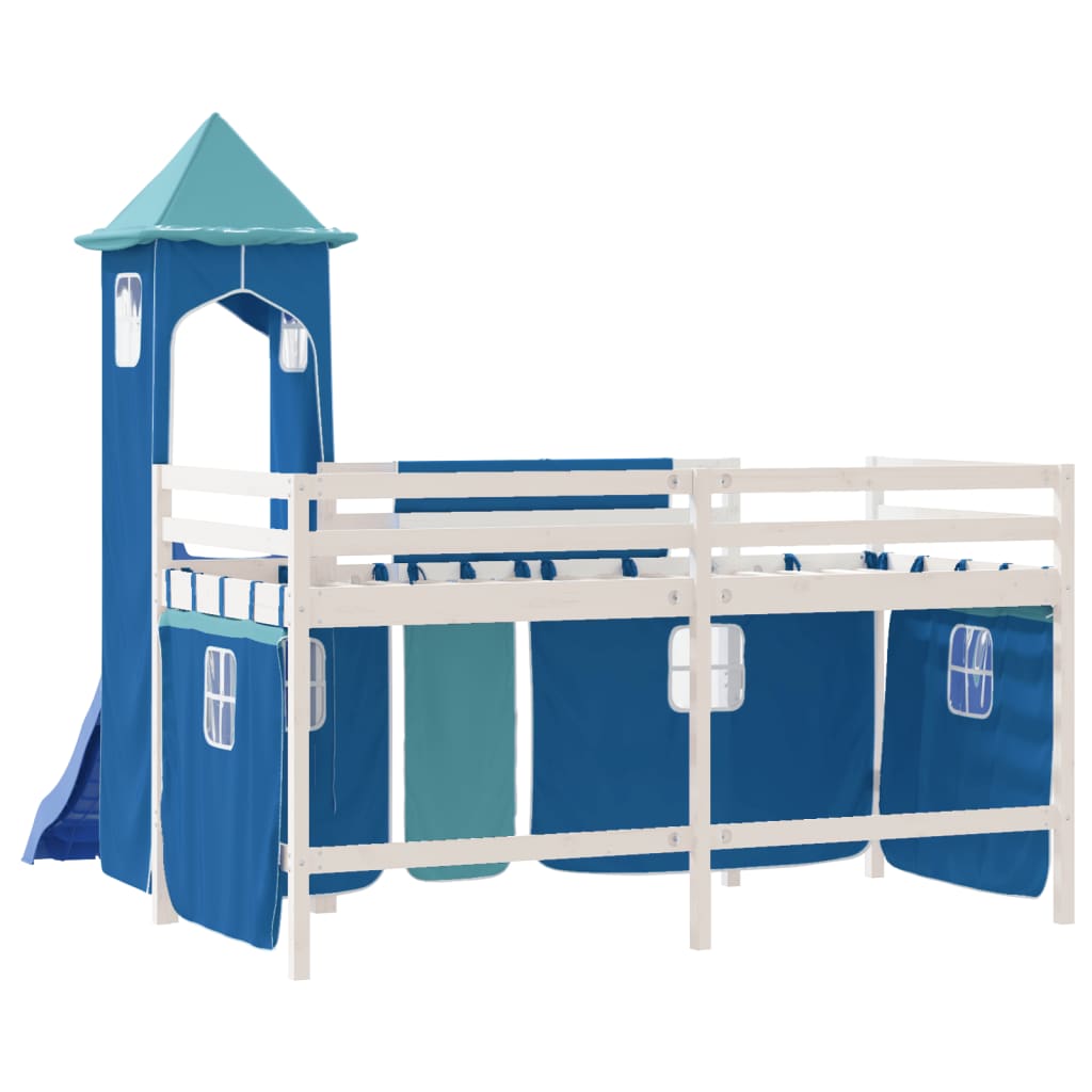 bērnu augstā gulta ar torni, zila, 80x200 cm, priedes koks