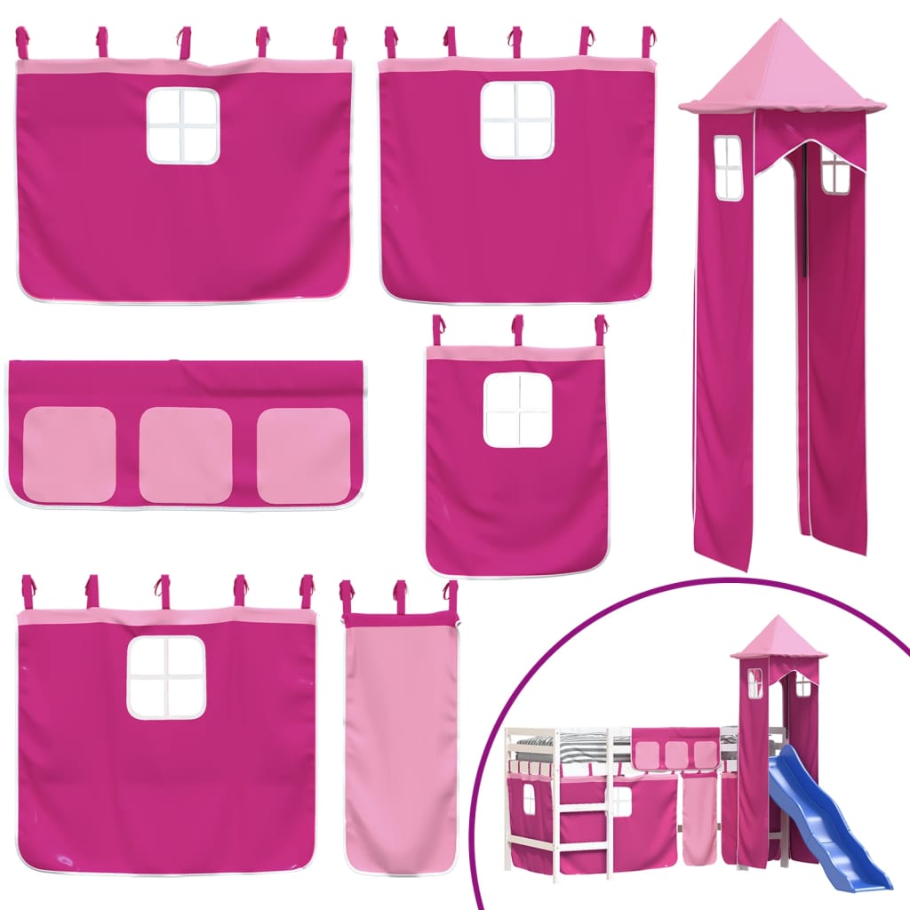 bērnu augstā gulta ar torni, rozā, 80x200 cm, priedes masīvkoks