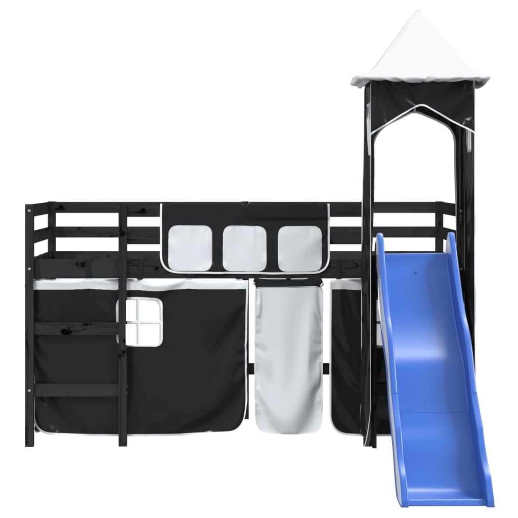 bērnu augstā gulta ar torni, melni balta, 80x200 cm, priede