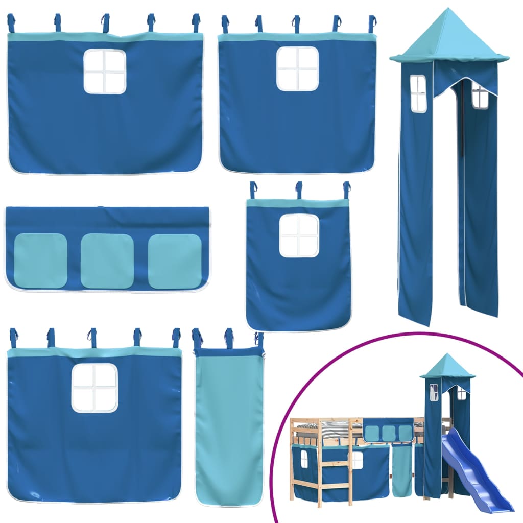 bērnu augstā gulta ar torni, zila, 90x200 cm, priedes koks