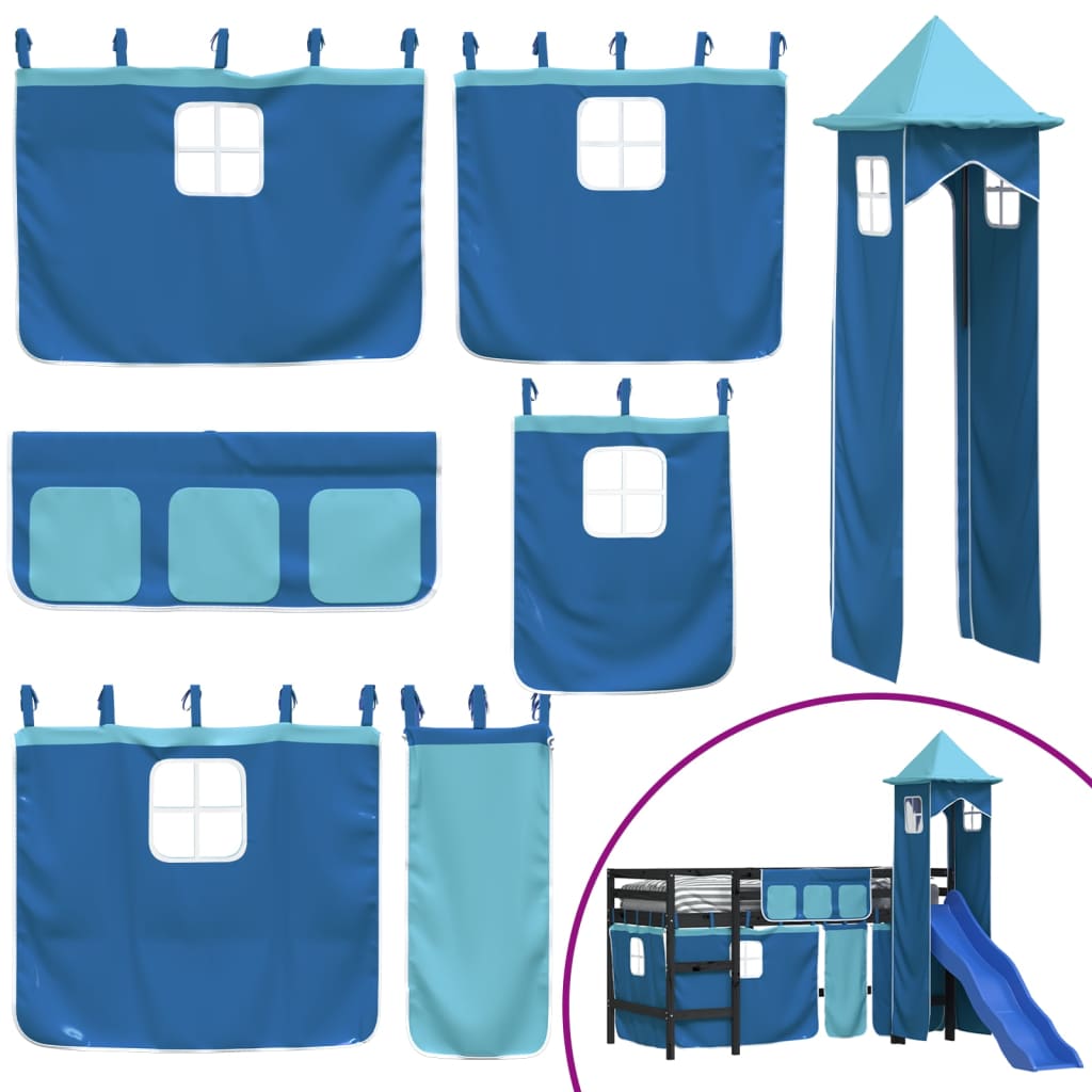 bērnu augstā gulta ar torni, zila, 90x200 cm, priedes koks
