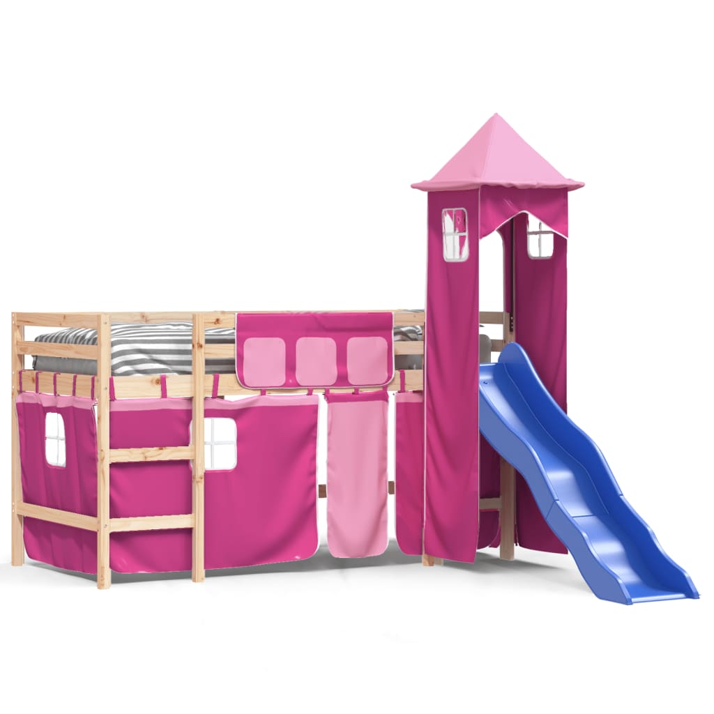 bērnu augstā gulta ar torni, rozā, 90x190 cm, priedes masīvkoks