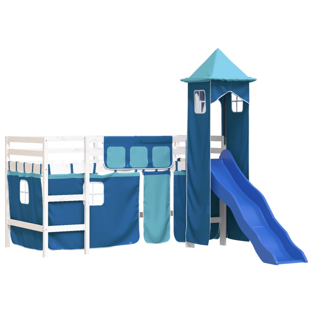 bērnu augstā gulta ar torni, zila, 90x190 cm, priedes koks