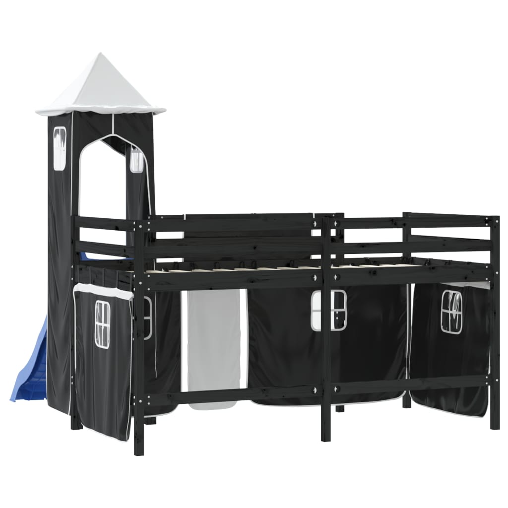 bērnu augstā gulta ar torni, melni balta, 90x190 cm, priede