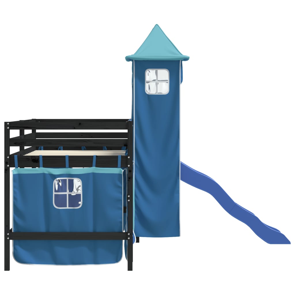 bērnu augstā gulta ar torni, zila, 90x190 cm, priedes koks
