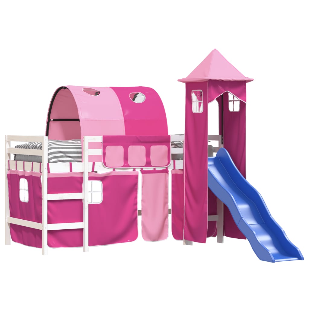 Bērnu augstā gulta ar torni, rozā, 80x200 cm, priedes masīvkoks